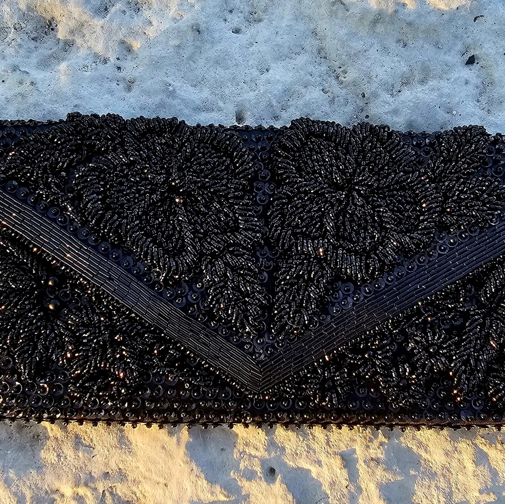 Black hand beaded Vintage 1950s Hong Kong handbag clutch purse some bead missing